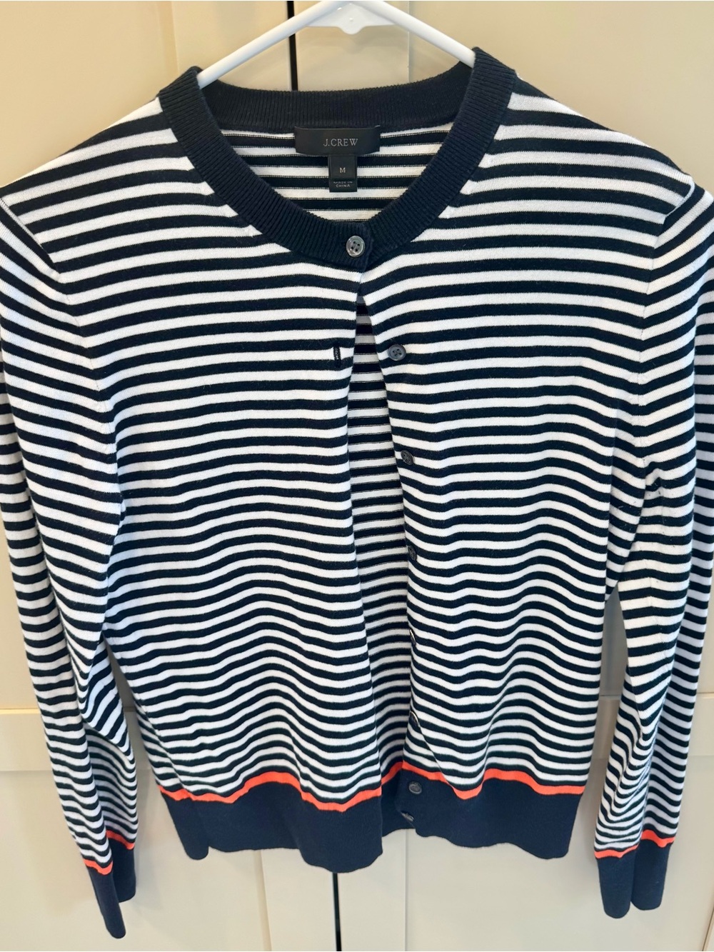 J. Crew Navy and White Striped Cotton Cardigan with Coral Trim